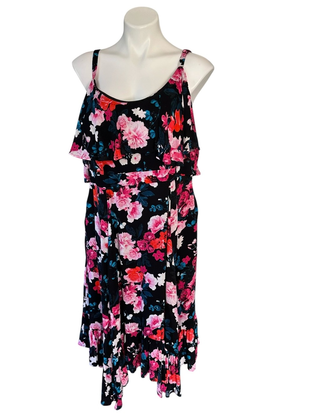 Torrid Hanky Hem Ruffle Skater Midi Dress Gauze Floral Black Size 1